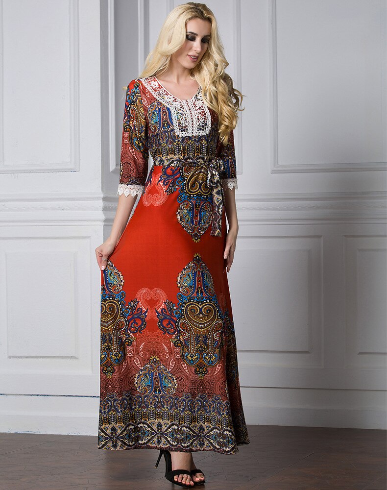7XL Print Bohemia Dress Women Africa Ethnic Clothing Half Sleeve Beach Vacation Long Dresses Dubai Arab Abaya Kafan Muslim Robe: L
