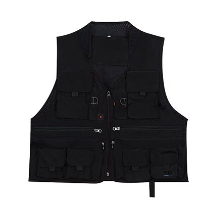Chaleco de pesca de malla para hombre, chaqueta con múltiples bolsillos para fotografía, trabajo al aire libre, chaleco para entrevista, abrigo para acampar al aire libre y senderismo: Negro / L
