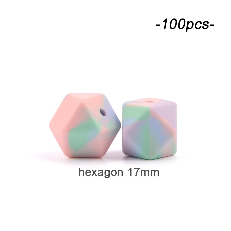 100 stücke Silikon Perlen BPA FREI binden Farbstoff Bunte Hexagon 14mm & 17mm Baby Zahnen Perlen Runde geformt Spielzeug Lebensmittel Klasse DIY: 17mm Hexagon binden Farbstoff