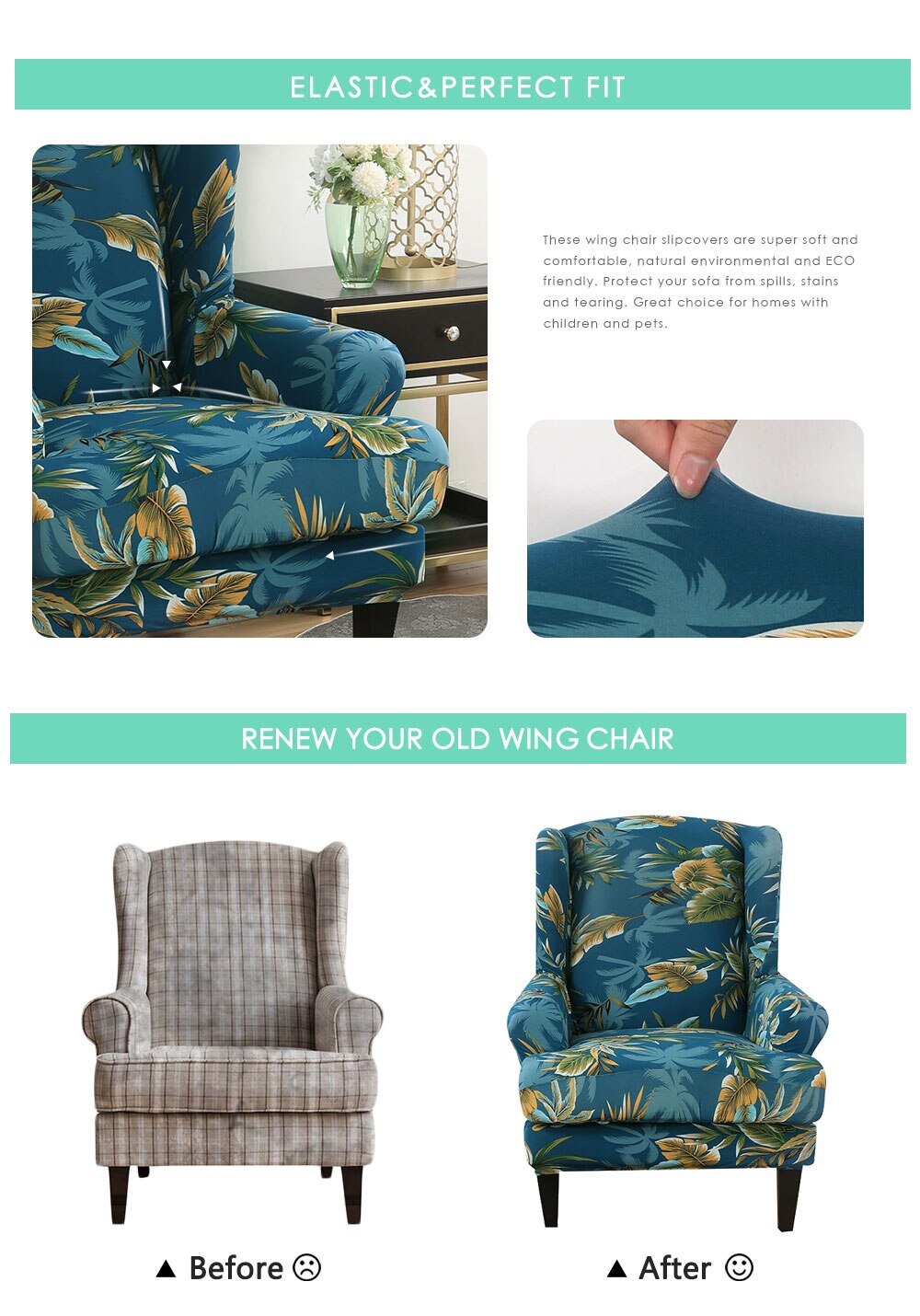 Hoes voor een vleugelstoel, bedrukt met spandex stretch, hoezen voor een vleugelstoel, set van 2 stuks met elastische band