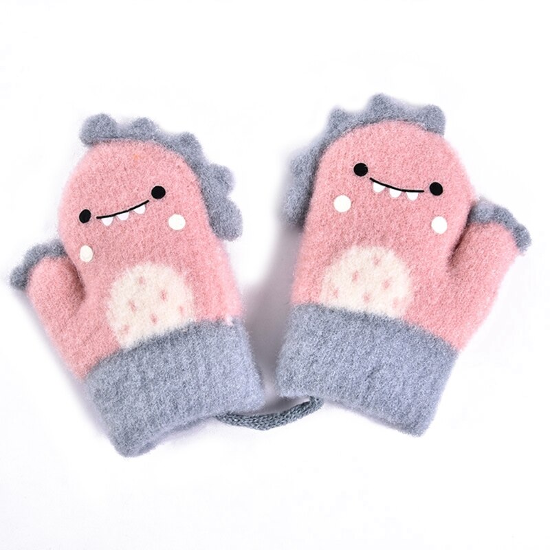Manoplas de piel de conejo para niños, mitones de punto gruesos y cálidos para bebés de 1 a 3 años, guante de invierno con cuello colgante, guantes suaves para bebés: Rosa