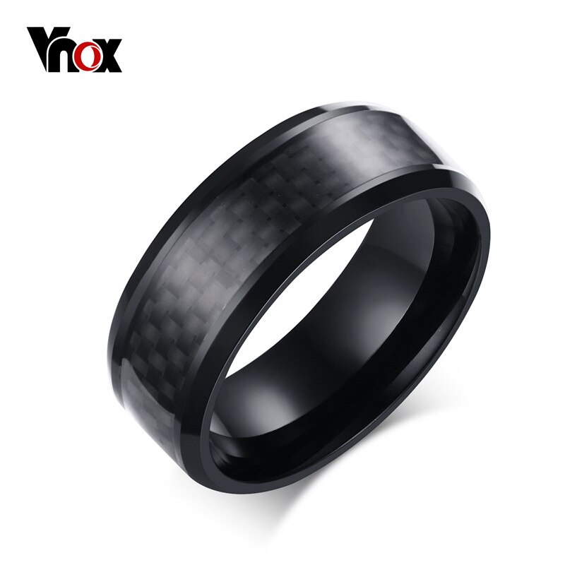 Vnox Black Carbon Fiber Punk Ring Voor Mannen 8Mm Rvs Wedding Heren Ringen Sieraden