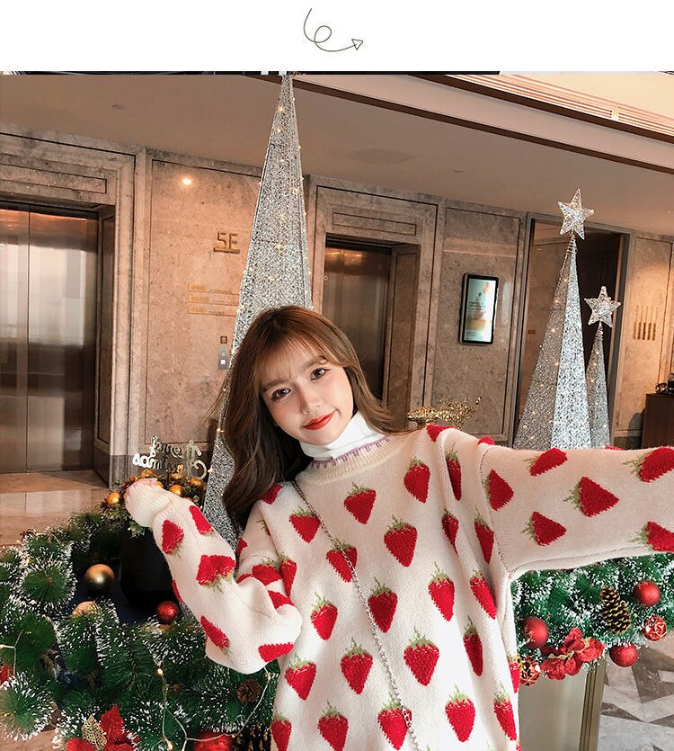 Primavera invierno dulce Lolita lindo Rosa dibujos animados fresa melocotón copo de nieve Knit mujeres Casual Pullover suéter suelto estilo largo Top