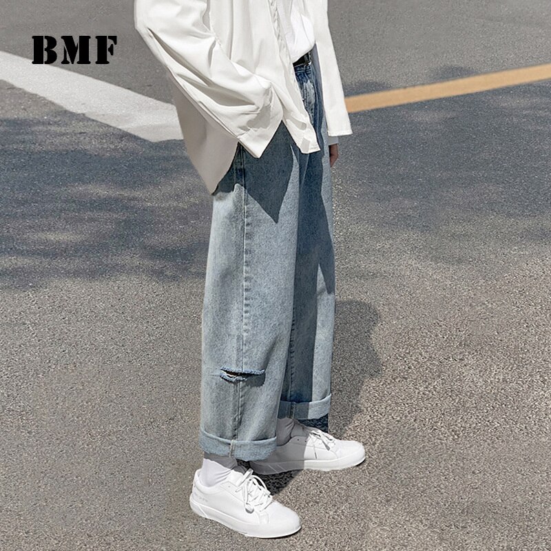 Koreaanse Stijl Ripped Baggy Jeans Kpop Mode Straight Denim Broek Mannen Kleding Hip Hop Cargo Broek Streetwear Mannelijke