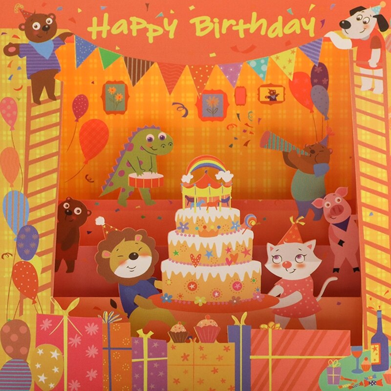 Handgemaakte 3D Pop Up Card Box Cartoon Cake Gelukkige Verjaardag Wenskaarten Met Envelop Voor Kids Kinderen Verjaardag