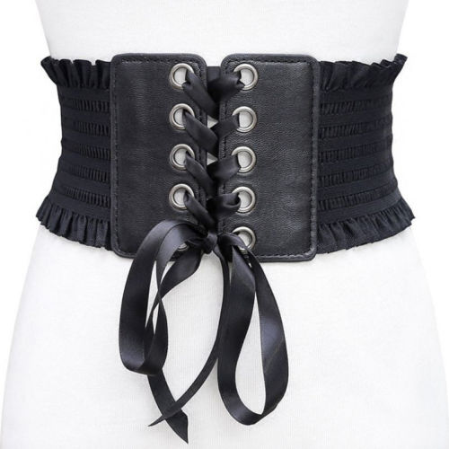 Womens Lady Stretch Buckle Waist Belt Wide Lace Leather stitching cross strap elastic Corset Waistband: Black