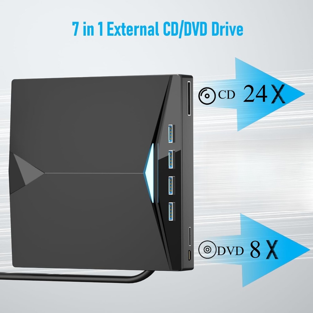 External CD DVD Drive Portable 7 in1 USB 3.0 CD ROM Player Burner CD/DVD Reader and Writer with 4 USB Ports and TF/SD Card Slot
