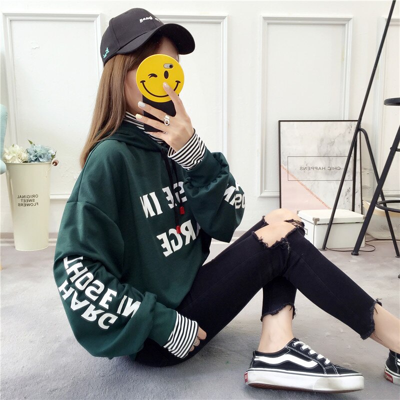 Wiosna Japan Style bluzy damskie C zagęścić Splice z długim rękawem damskie swetry nadrukowane litery z kapturem studenci damskie bluzy