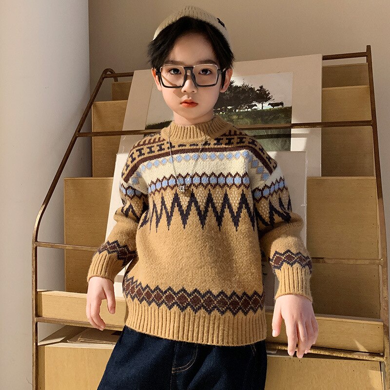 Suéter de algodón con cuello redondo para niños, ropa gruesa de punto para mantener el calor, invierno,