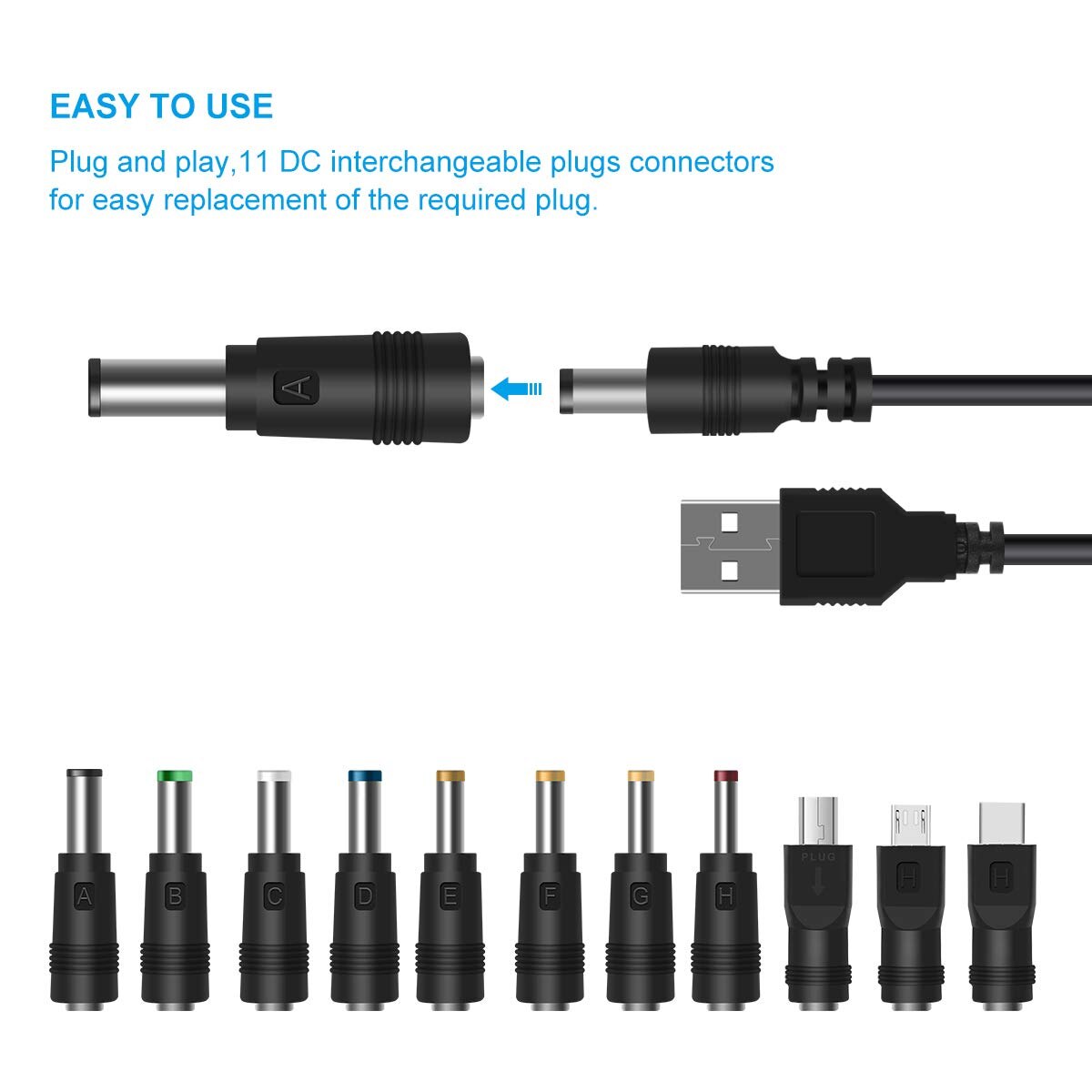 USB zu DC 5V Energie Kabel, Universal- DC 5,5x2,1mm Stecker Jack Ladekabel mit 11 Anschlüsse (6,4 x4.4, 6,3 x3.0, 5,5 x2.5, 5,5 x2.1,