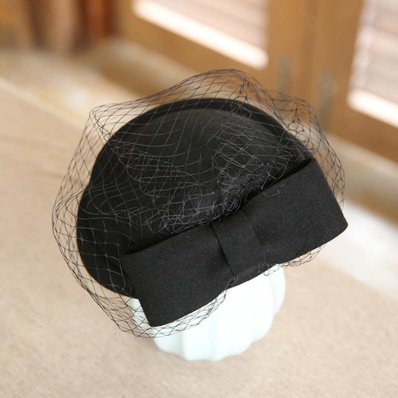 Fascinators hatte ren australsk uld engelsk shell hat med mesh rød sort efterår/vinter hat til kvinder kirketøj