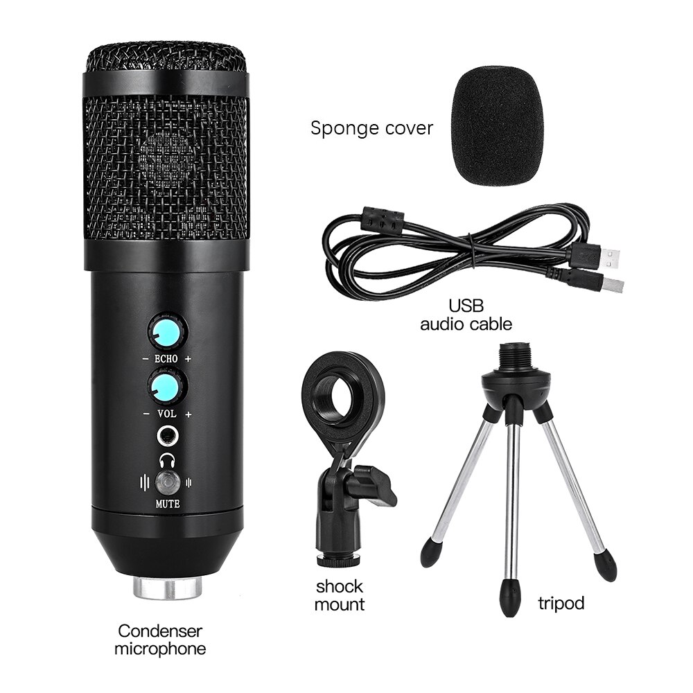 USB Condenser Microphone Kit With Tripod Stand Microfone Cardioid Studio Recording Live KTV Karaoke Microphone for PC Computer: Desktop Black