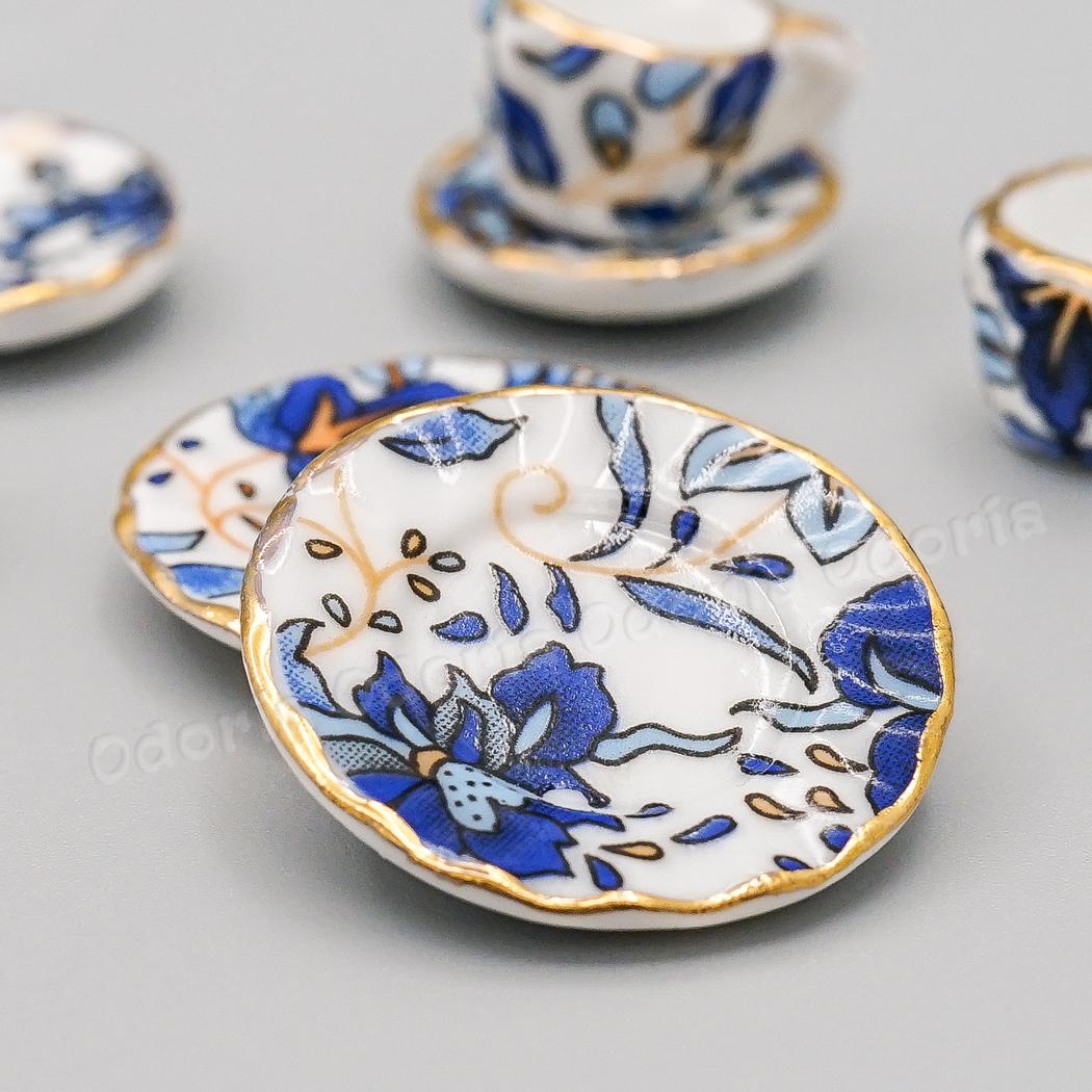 Odoria 1:12 Miniature 16PCS Blue Flower Patten Porcelain Coffee Tea Cups Ceramic Tableware Dollhouse Kitchen Accessories