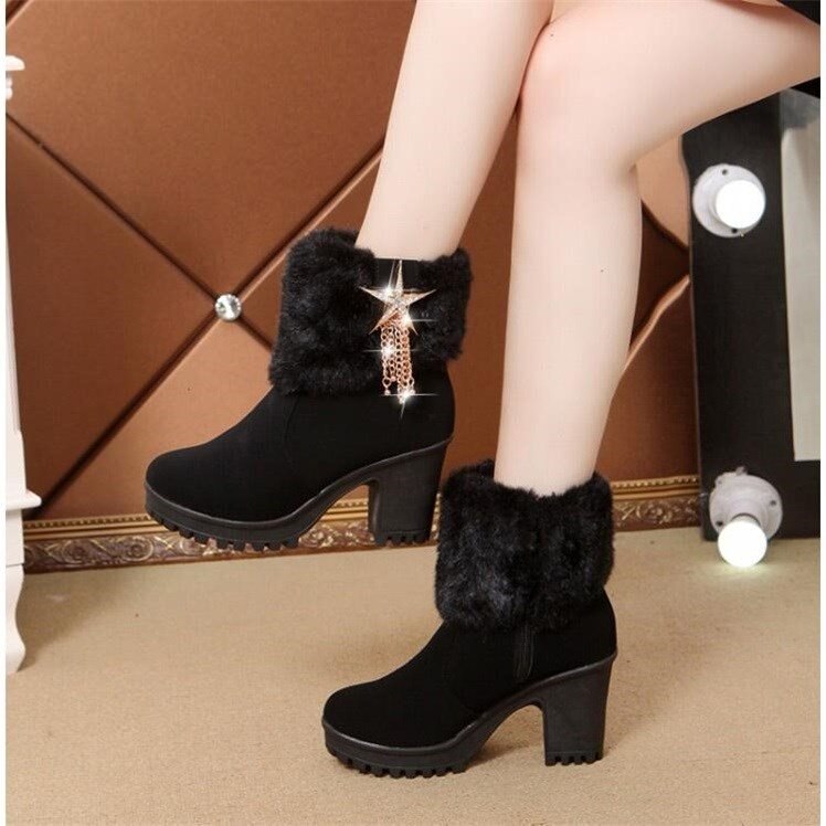 Bont Hoge Hakken Vrouwen Winter Snowboots Warme Hoge hakken Dames Martin Laarzen Rits Rubber vrouwen Winter laarzen