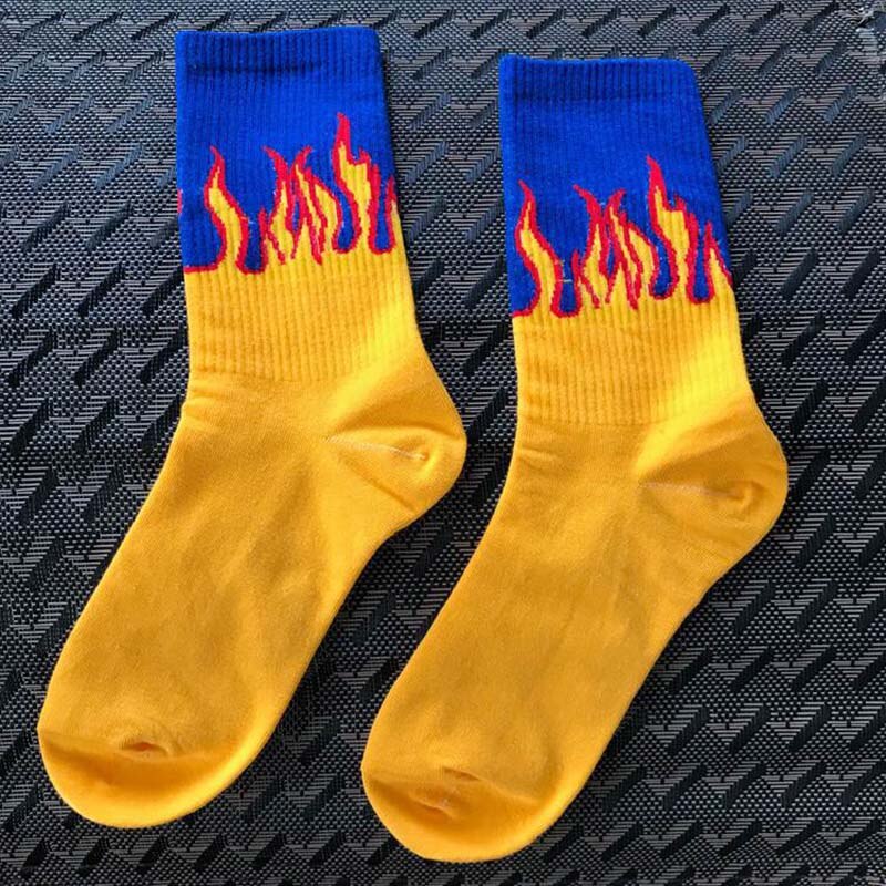 unisex street style with fire socks fun flame pattern skateboard hip hop man cotton socks happy woman long socks: 1