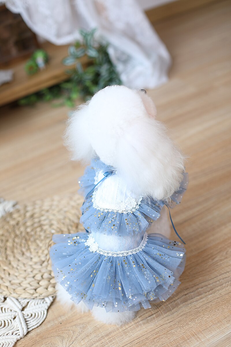 Ropa hecha a mano para perro, vestido azul de tul con puntos dorados, falda de encaje Sexy, tutú para gatos domésticos, traje de caniche maltés Yorkie,