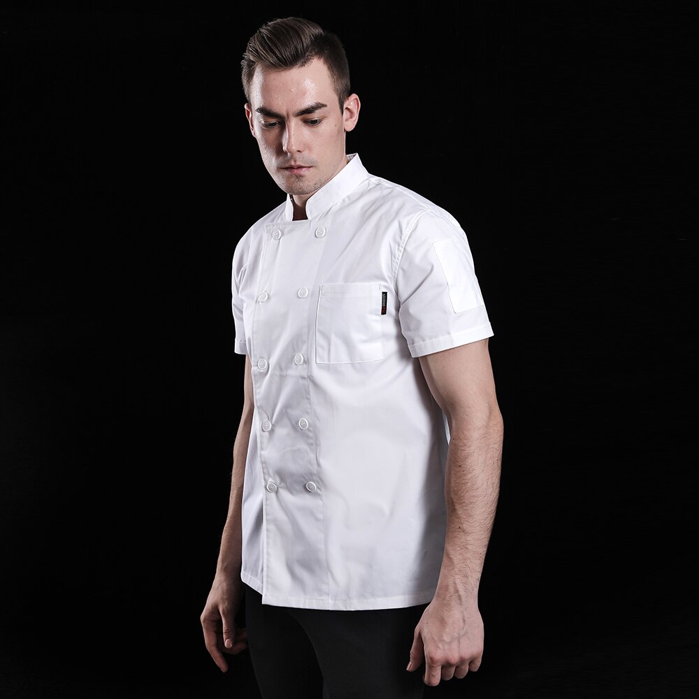 Åndbar ensfarvet kortærmet kokkeuniform unisex kokkejakke cafe kokkeuniform restaurant tjeneruniform: Hvid kokkedragt / M