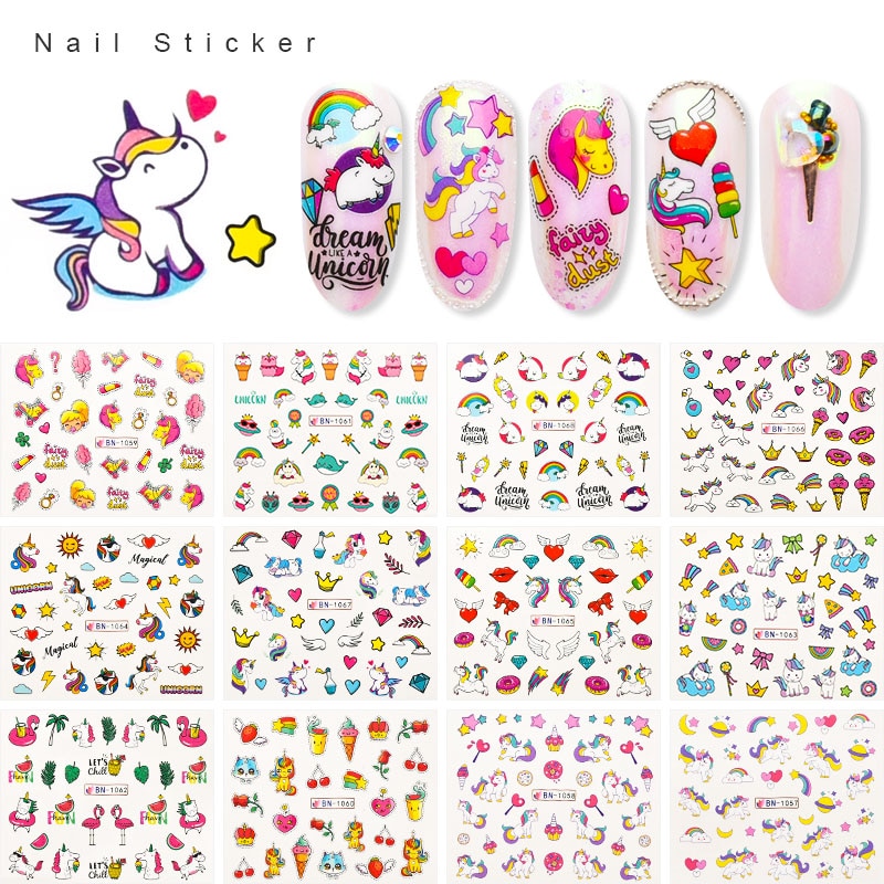 12Pcs Water Nail Stickers Eenhoorn Liefde Hart Leuke Cartoon Decal Sliders Wraps Manicure Nail Art Decoratie Tips ZJT4090