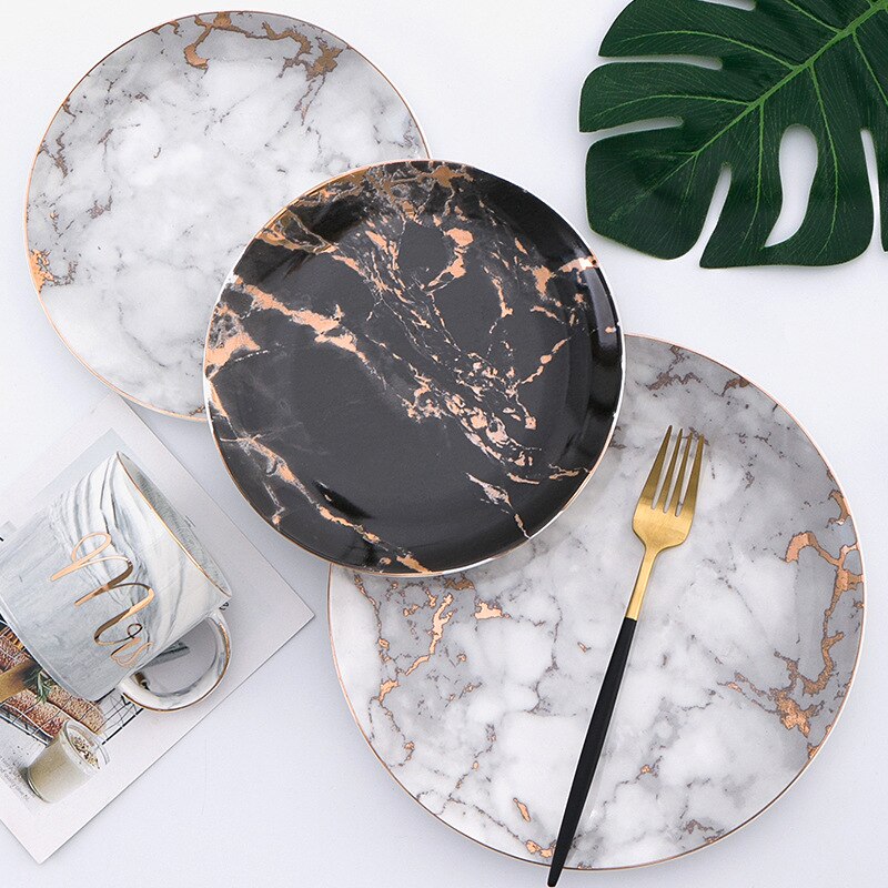 European Style Marble Plates Ceramic Dinner Set Gold Inlay Porcelain Dessert Plate Steak Salad Snack Cake Plates Tableware