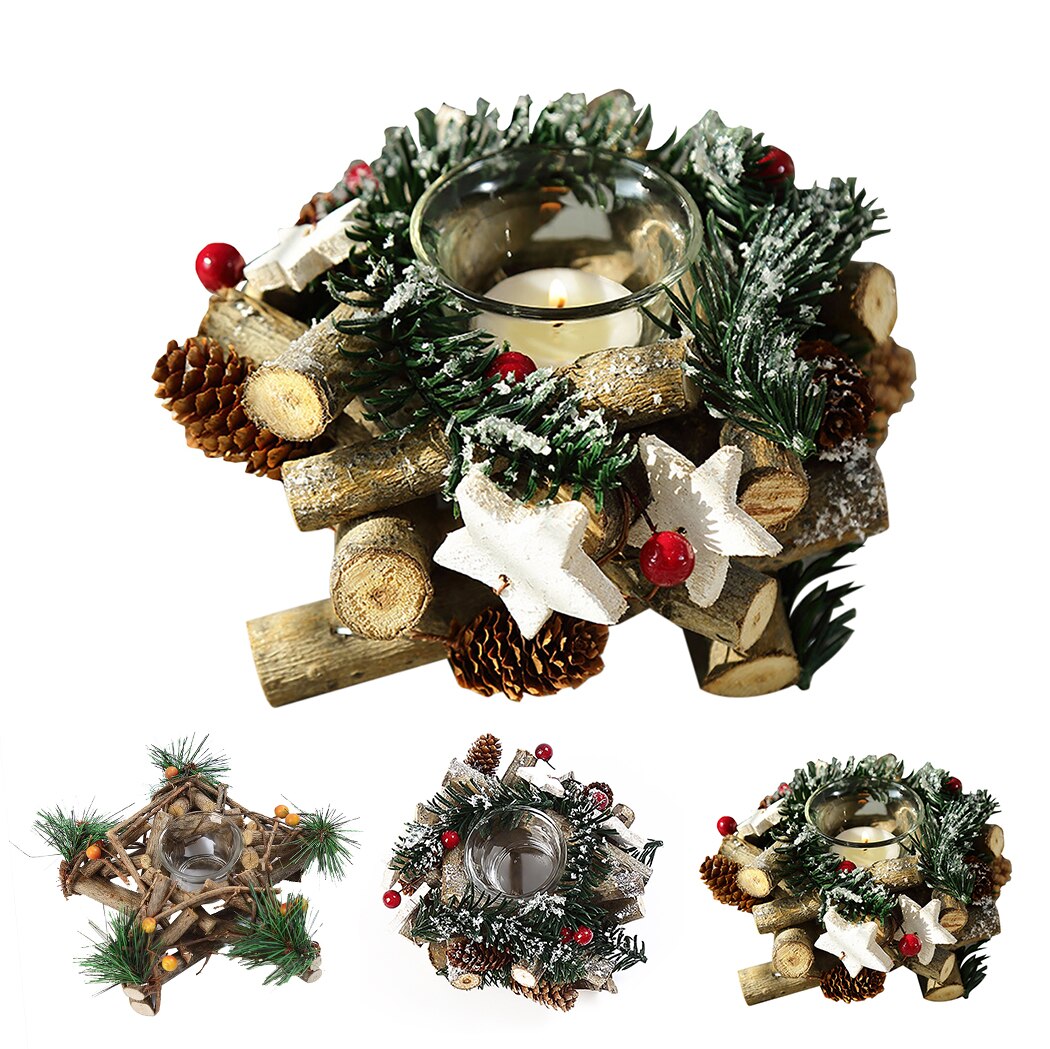 Kerst Kaars Stand Retro Krans Decor Kerst Kaars Houders Pine Cone Bessen Woodland Rustieke Xmas Middelpunt Decor