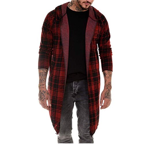 Herre hettegenser rutete skrive ut grøft uformelt cardigan jakke jakke langermet mannlig yttertøy høst vinter slank passe lang frakk streetwear: Rød / Xxxl