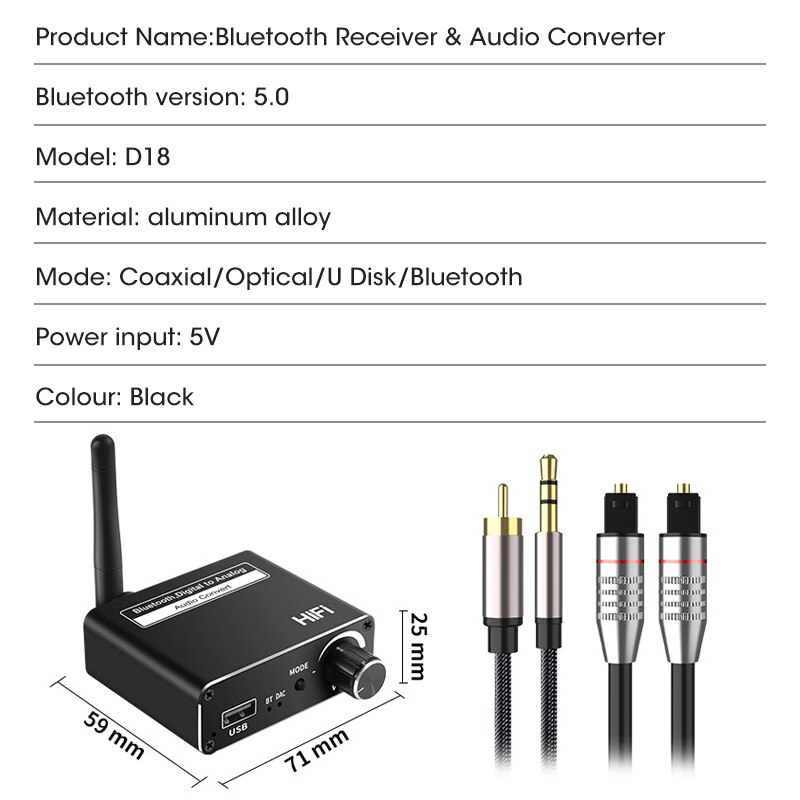 3 In 1 Coaxial Optical Fiber DAC Bluetooth-compatible 5.0 Receiver Digital to Analog Audio Converter 3.5mm AUX Adapter