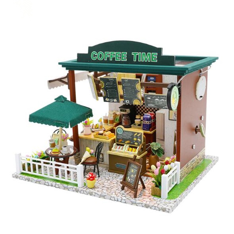 Leuke huis diy poppenhuis houten poppenhuis Miniatuur Koffie winkel Houten Gebouw met Meubels kind Speelgoed C006