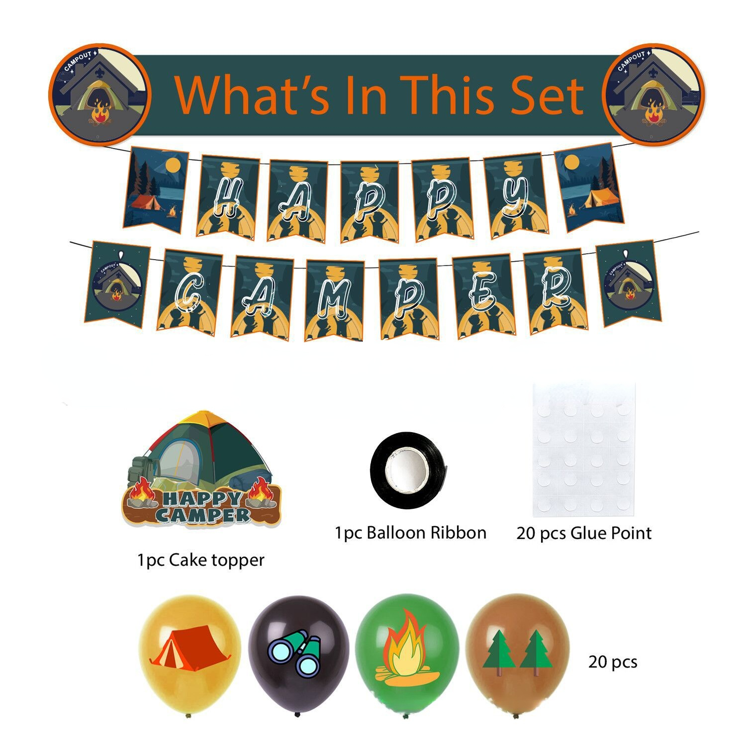 Camping Theme Party Decoration 12inch Latex Balloons Happy Camper Banner Cake Topper Sign Balloons for Birthday Party Supplies