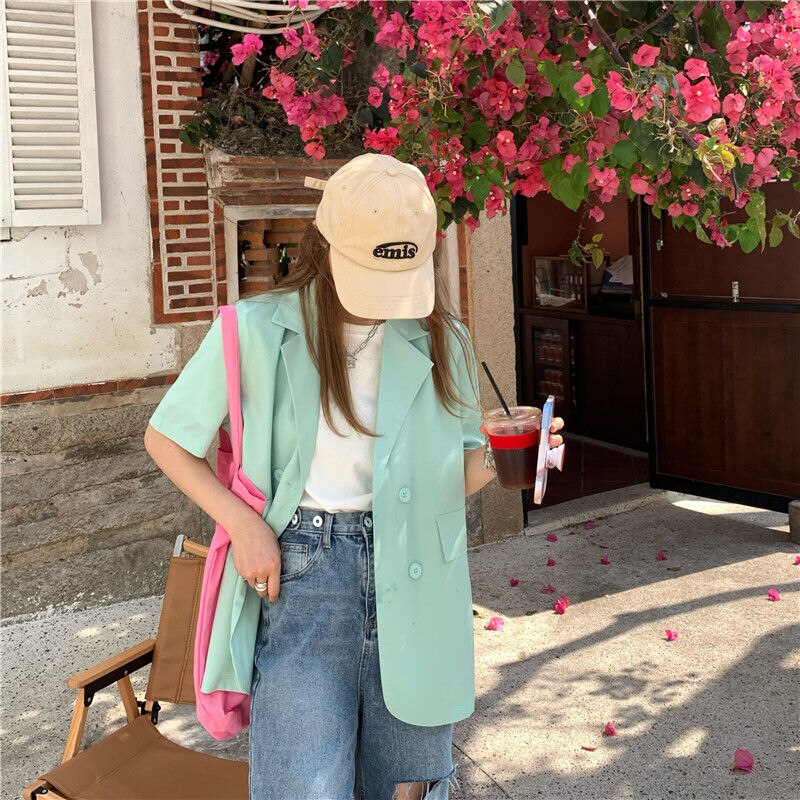 Blezery damskie jednolity, z nacięciem dwurzędowy modny workowaty koreańnarty styl wypoczynek lato z krótkim rękawem cały mecz elegancki prosty: zielony / M