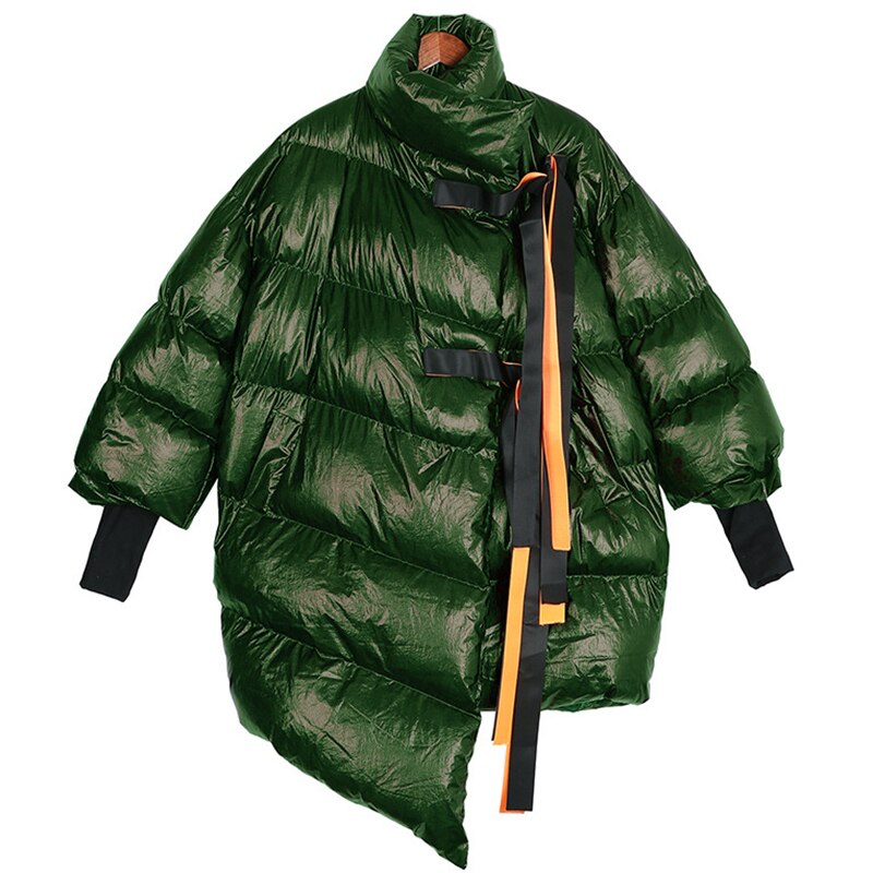 CHICEVER rubans femmes hiver doudoune col montant à manches longues asymétrique veste femme vêtements marée: Green Coat / M