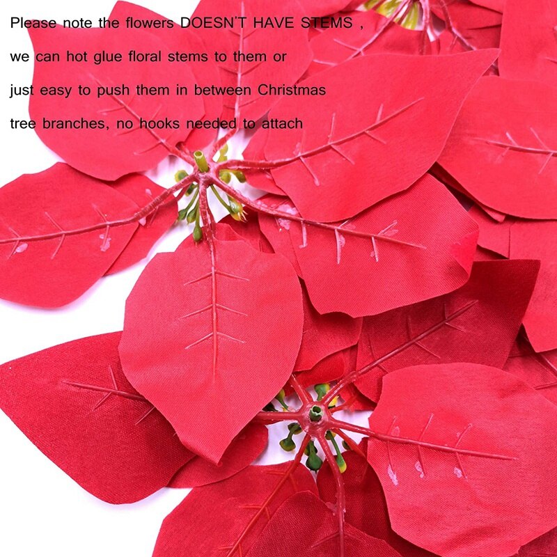 Kunstige juleblomster rød fløjl julestjerne blomstermotiver til julekrans træpynt (24 stk / rød)