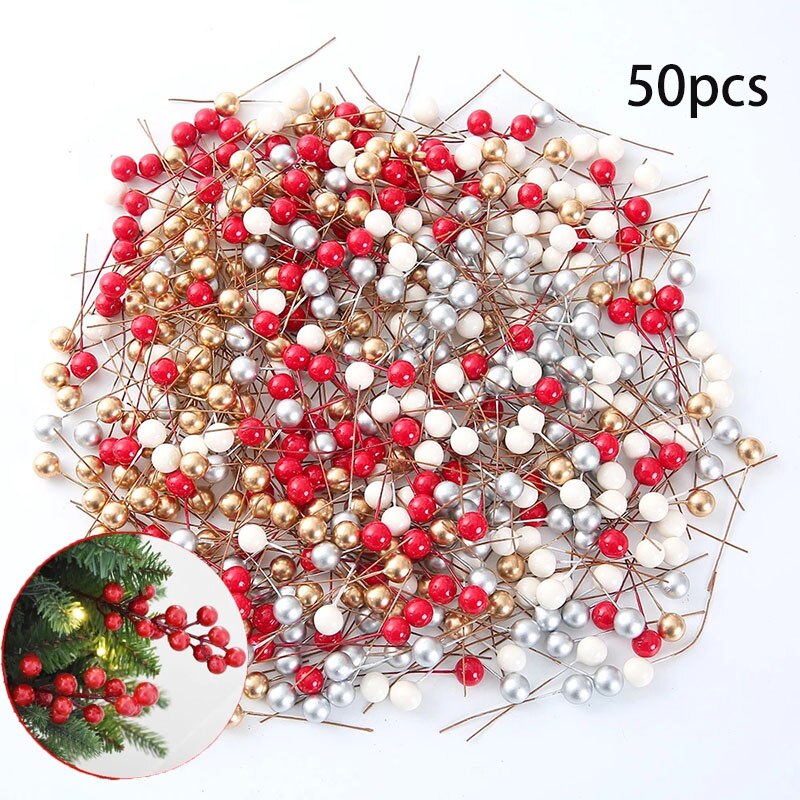 50Pcs Mini Kerst Bessen Plastic Kunstmatige Bloem Rode Kers Parelmoer Bruiloft Kerst Diy Decoratie
