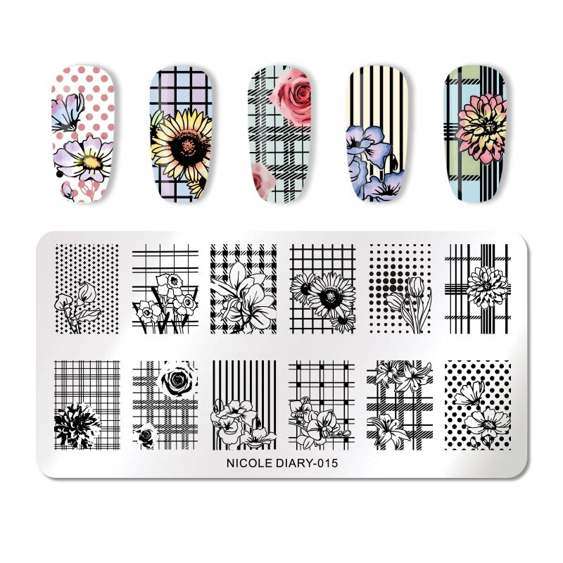 NICOLE DAGBOEK Nail Stempelen Platen Rechthoek Ronde Bloem Grid Plaid Geometrische Afbeelding Print Stencil Nail Template voor Polish Gel: ND015
