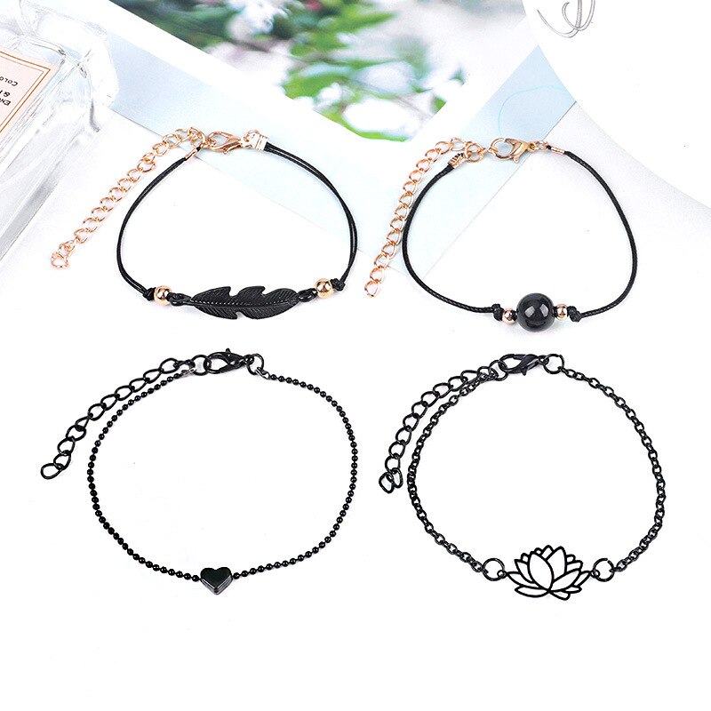 Schwarz Lotus blume Herz Blatt Armbänder einstellen Für Frauen Charme Kette Hand Schmuck Mädchen