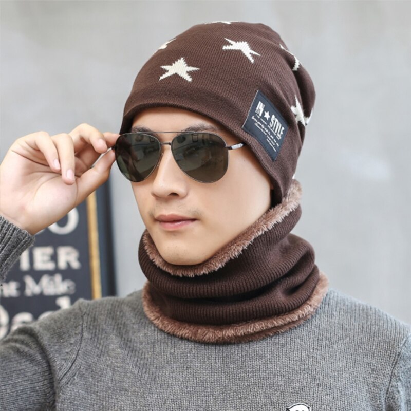 Mænd hat pentagram uldhat efterår og vinter afslappet bønnehue varm strikning forældre-barn hat koldsikker plyshue: Kaffe