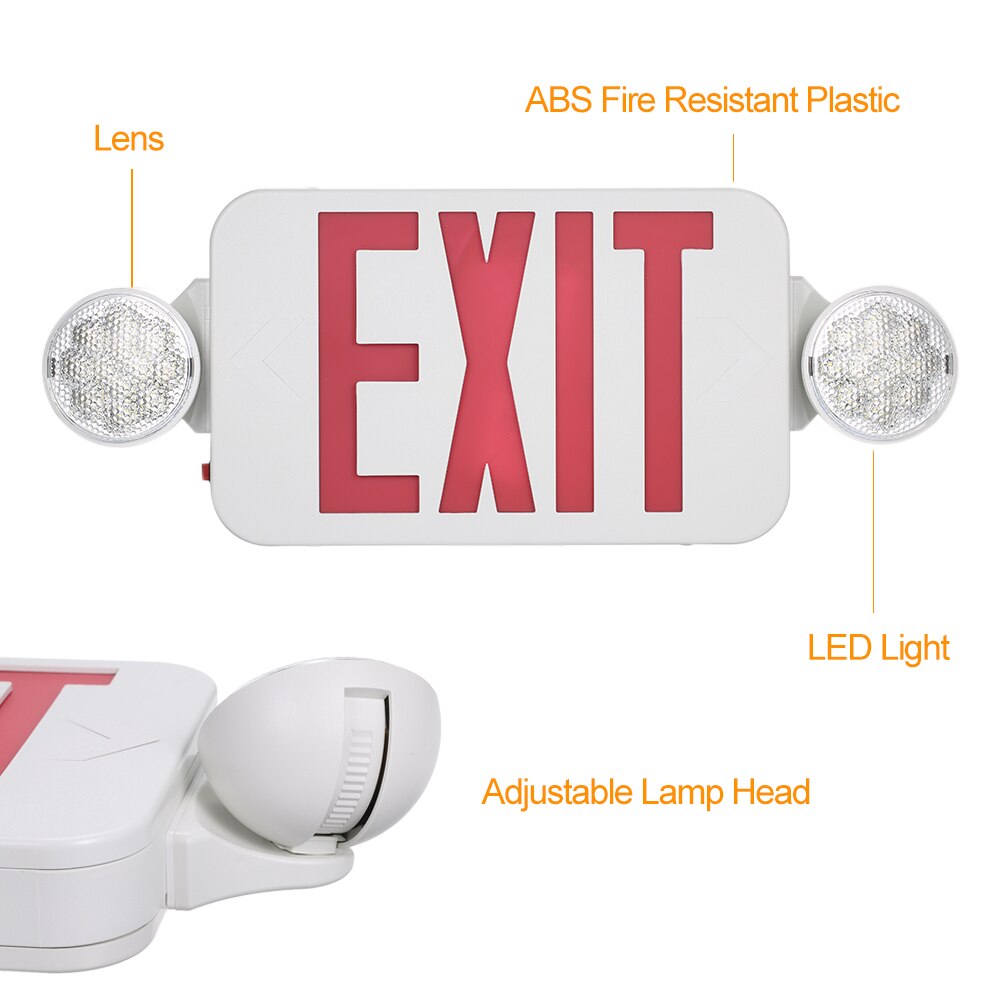 AC120/277V Rode Exit Sign Leds Combo Noodverlichting Met Verstelbare Twee Hoofd Backup Batterys Wall Mount Plafond lichten