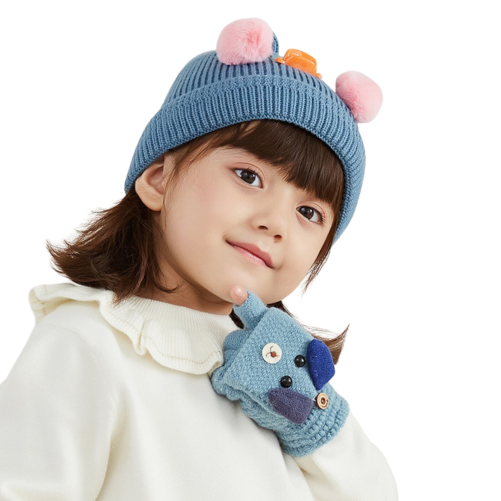 Kids Winter Warm Fingerless Mittens, Cute Cartoon Puppy Convertible Flip Top Gloves with Button for Baby Boys and Girls