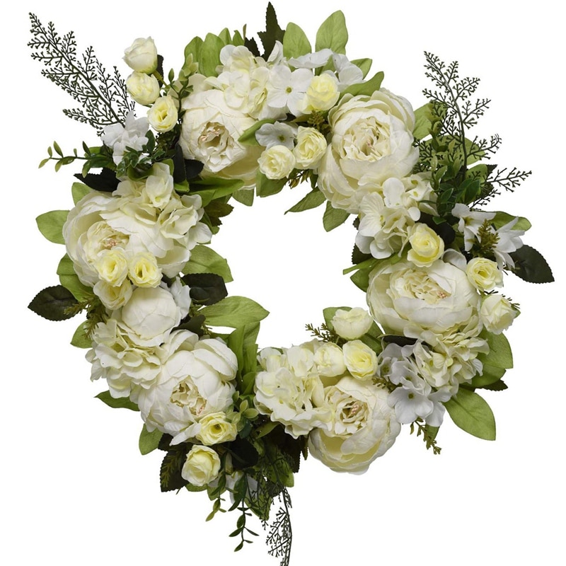 16 tommer pæon hortensia krans, kunstig pæon blomst krans dør krans med grønne blade forår krans til hoveddøren, bryllup: Default Title