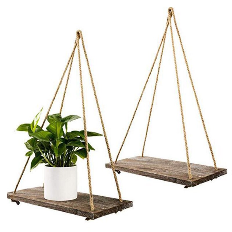 Decoración del hogar, colgante de madera rústica de 2 niveles, estante de cuerda, estantes flotantes de madera sólida hechos a mano, estante decorativo montado en la pared para el hogar