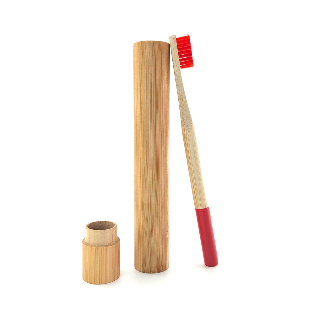 Degradable Bamboo Toothbrush with Natrual Bamboo Straw Case Eco-friendyly Portable Travle Toothbeush Set for Teeth care: Red