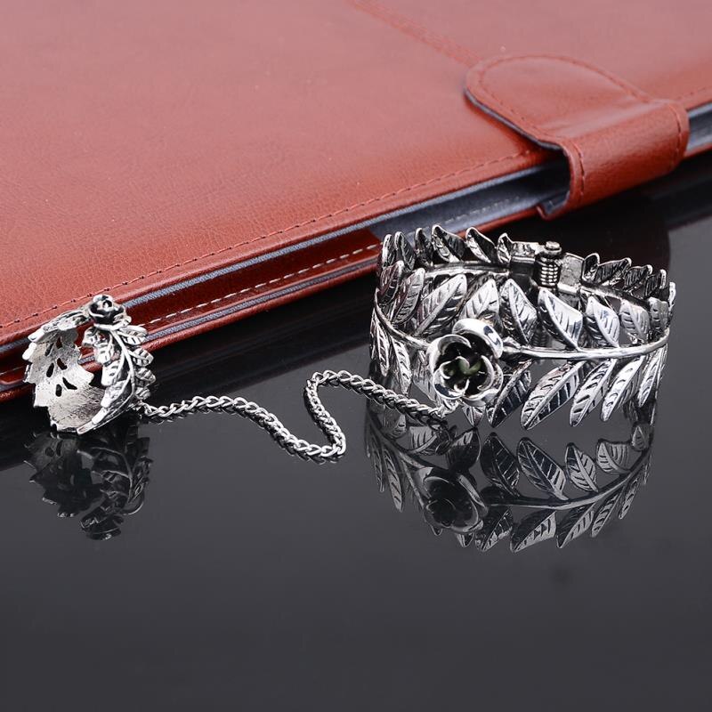 Zilver Kleur Armband Ring Hollow Out Bladeren Vinger Ring Bangle Slave Ketting Voor Mannen Vrouwen Sieraden