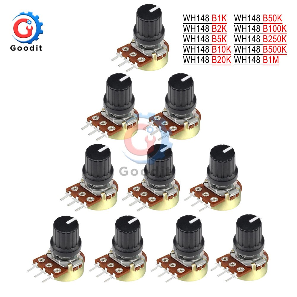 WH148 5Pcs/lot 1K 10K 20K 50K 100K 500K Ohm 15mm 3 Pin Linear Taper Rotary Potentiometer Resistor for Arduino with AG2 White cap