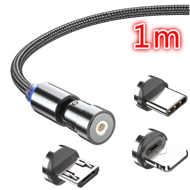 Cable magnético giratorio de 360 grados, Cable de carga USB tipo C, cargador magnético de carga rápida, Cable micromagnético giratorio de 540 grados: 1m Black 3 Plugs