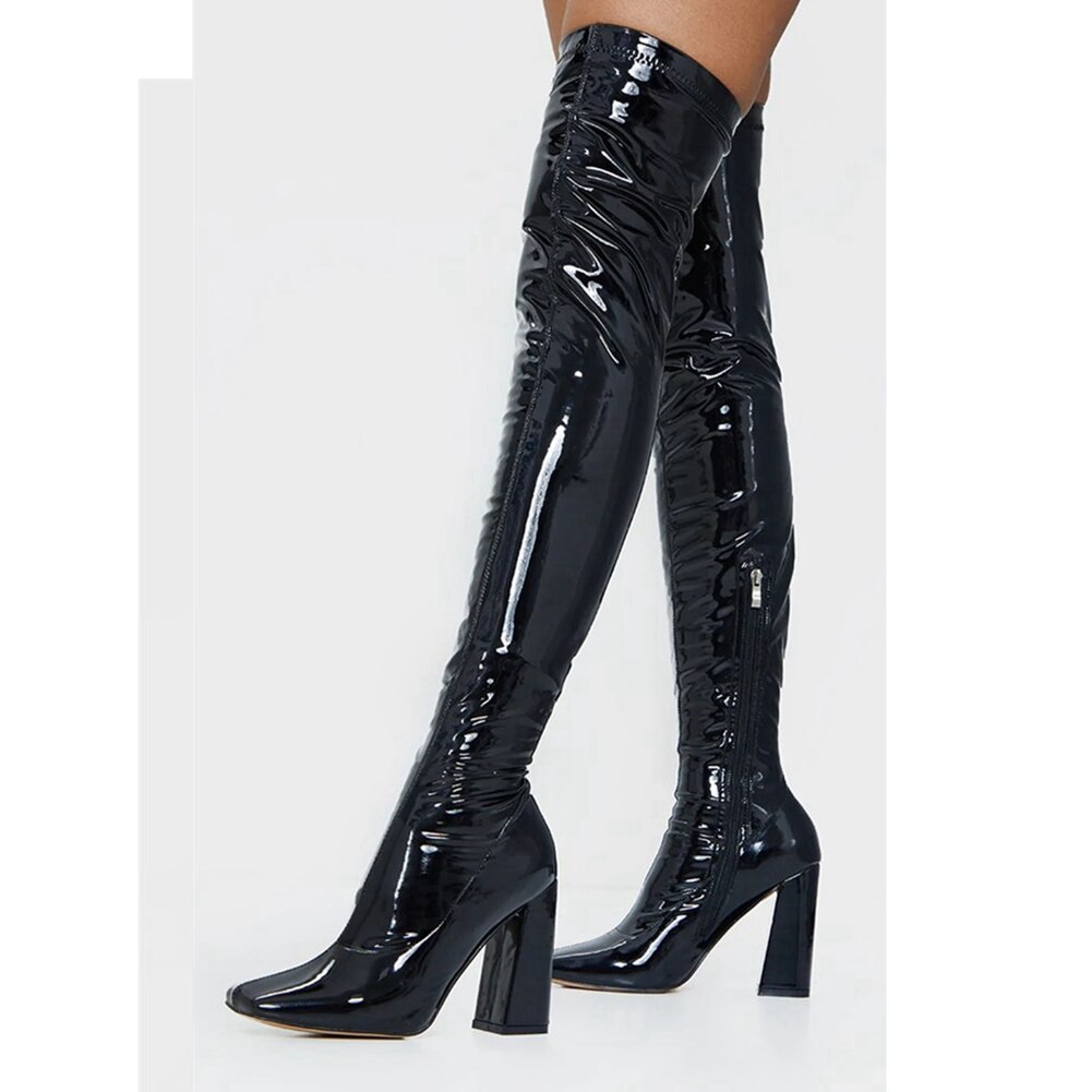 DoraTasia grande taille 35-43 dame épaisse haute sur le genou bottes Zip bout carré cuissardes femmes en cuir verni femme chaussures: 10