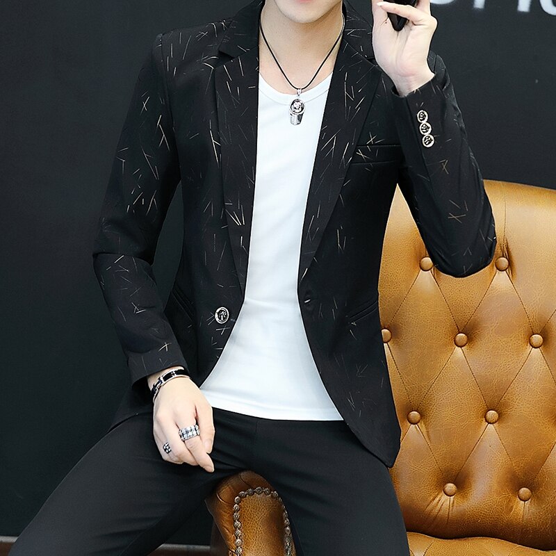 Lente en Herfst Bloemen Afdrukken Prom Pak Blazers Single Button Party Man Casual Slim Fit Trouwjurk Jasje: Zwart / L