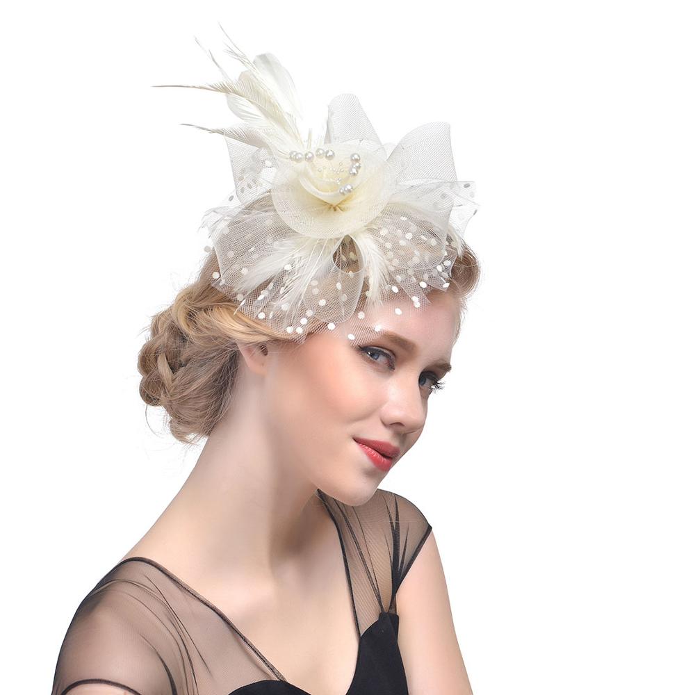 Vintage brude hatte fjer hovedbeklædning blomst fascinator stor gatsby brude hovedbeklædning til bryllupsfest elfenben hvid rød pink prom: Elfenben