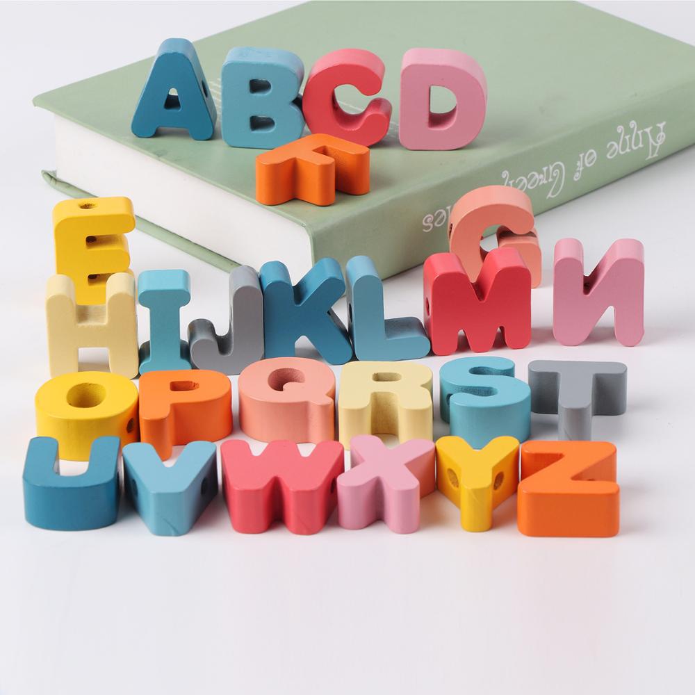 Optioneel Houten Kralen Speelgoed Oceaan Vis Verkeer Digitale Brief Groente Fruit Monterssori Educatief Spel Baby Vroeg Leren: 26pcs letters