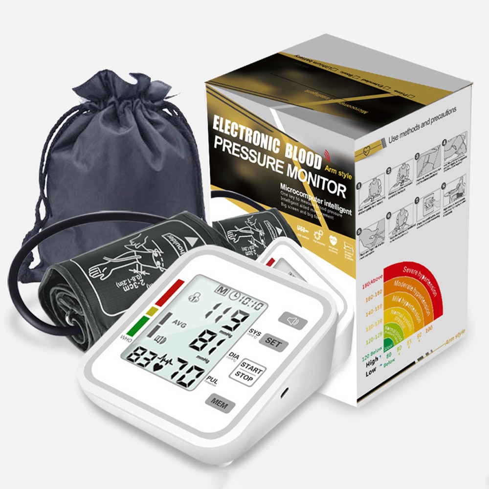 LCD Arm Automatic Blood Pressure Monitor BP Sphygmomanometer Pressure Meter Tonometer for Measue Arterial Pressure English voice