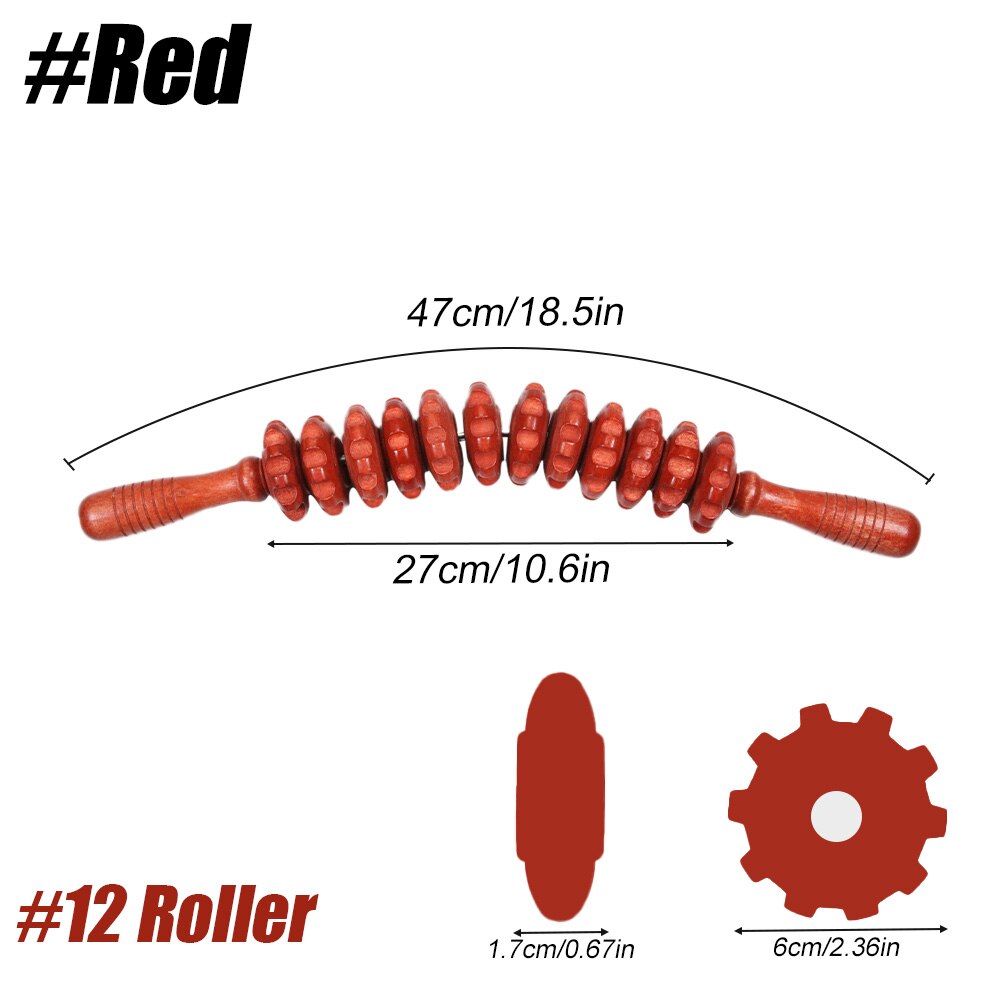 Rodillo de terapia de madera, herramienta de masaje, masajeador de Maderoterapia Colombiana de curvo, drenaje linfático, palo de punto gatillo: Red-12 Roller
