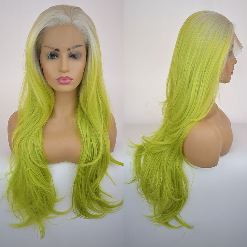 Bombshell White Ombre Green Natural Wave Synthetic Lace Front Wig Glueless Heat Resistant Fiber Hair Side Parting For Women Wigs